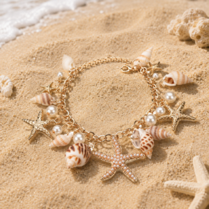 Elegant Bohemian Shell Starfish Charm Bracelet Alloy Faux Artificial Pearl Ocean -Gold
