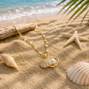 Shell Artificial Pearl Pendant Necklace Titanium Steel Zircon